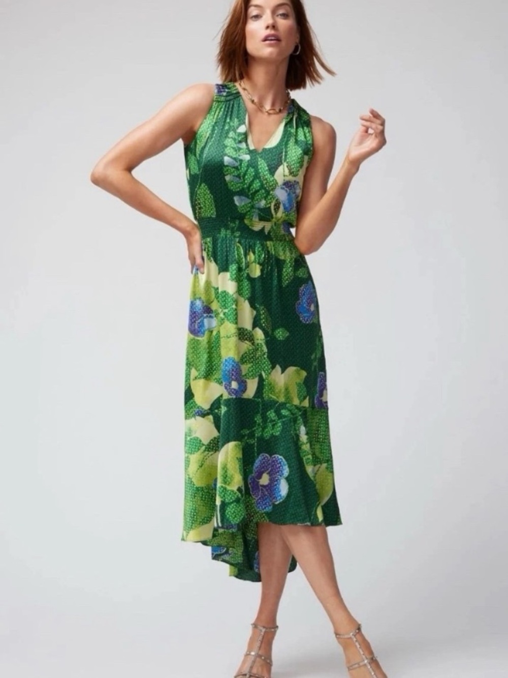 White House Black Market Green Floral High-Low Midi Dress